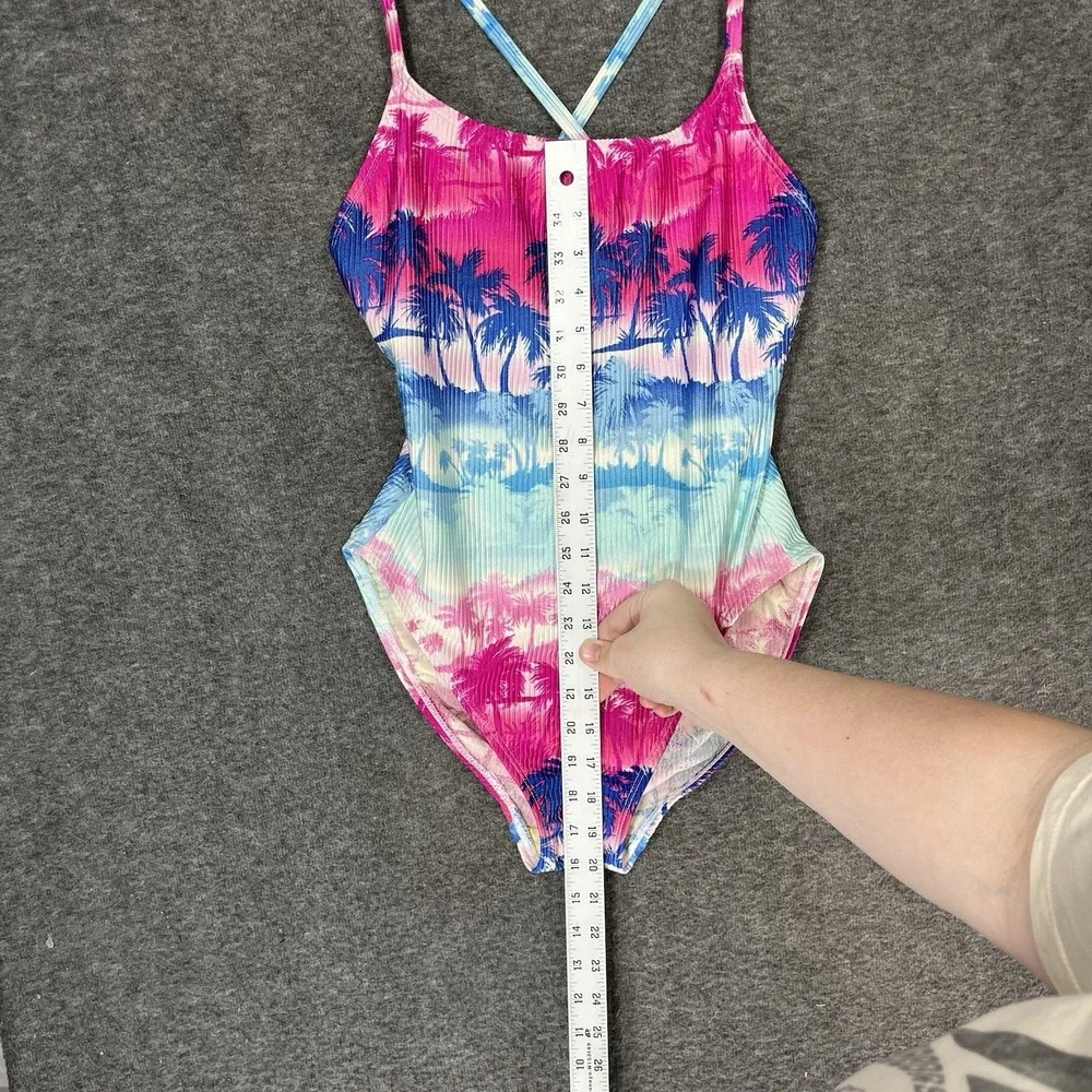 Vintage Catalina Swimsuit Size L Tropical Floral Pink Blue One Piece High Cut